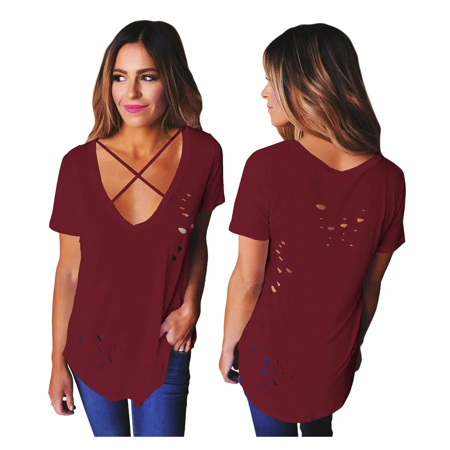 

Foma FM-4295 new design 2021 women clothing sexy cross V neck hollow out t shirt girls summer tops, 1 color