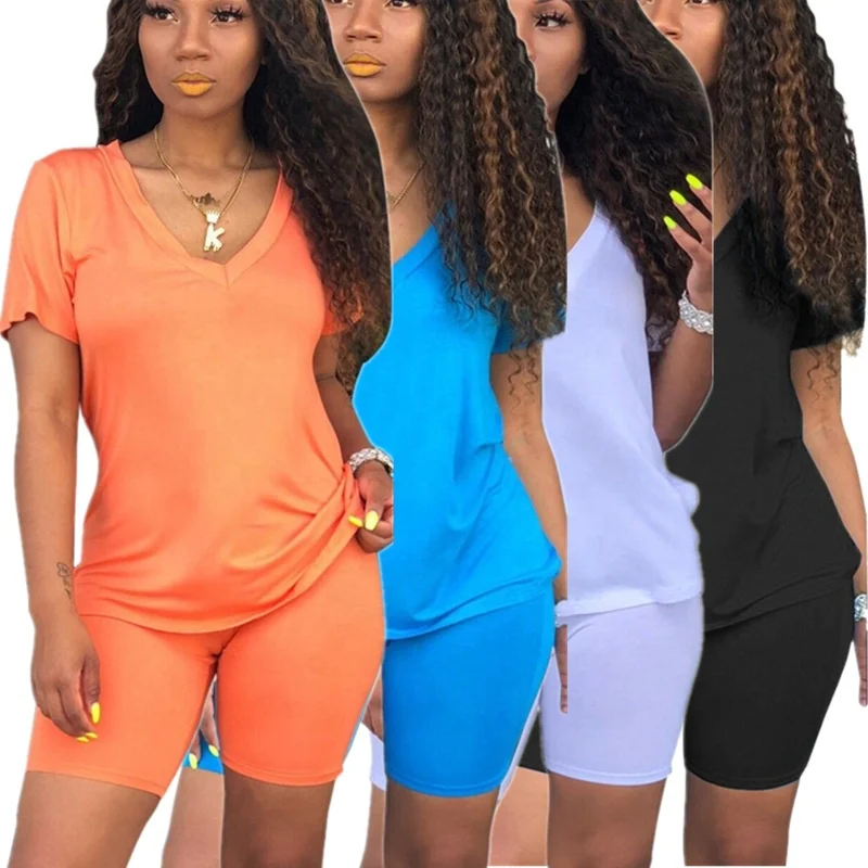 

Summer 2021 Women Clothing 2 Piece Outfit Clothes Two Piece Pants Shorts Sleeve Set V Neck Clothing, White, black, blue, orange