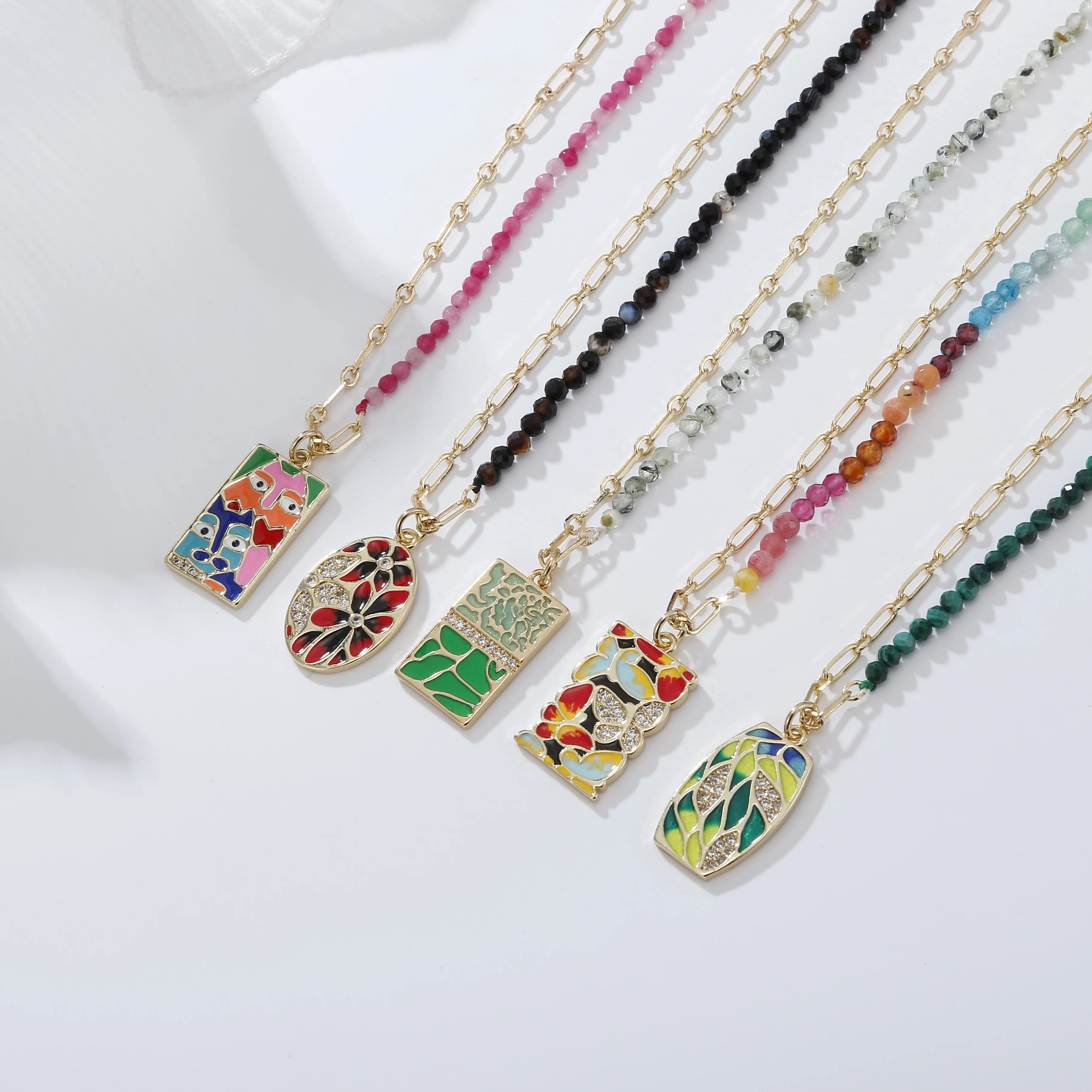 

Women High Quality Custom Half Gemstone Mixed Gold Brass Chain Natural Stone Square Enamel Pendant Necklace Jewelry, Picture