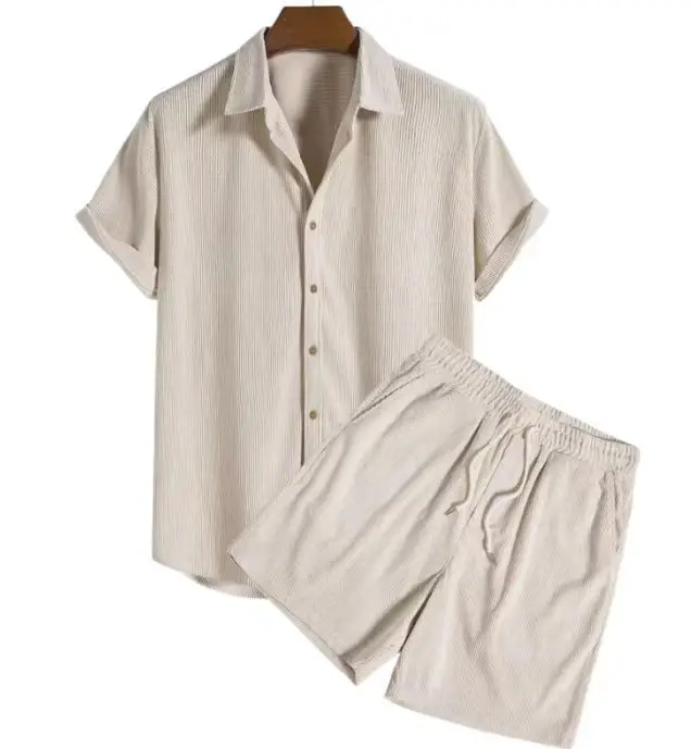 

Wholesale Casual Mens Summer Outfits 2 Piece Corduroy Men Shorts And Shirt Set