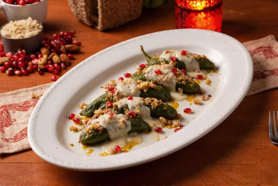 Traditional Mexican dish chiles en nogada featuring roasted poblano peppers stuffed with meat and fruits, covered in white walnut sauce and pomegranate seeds