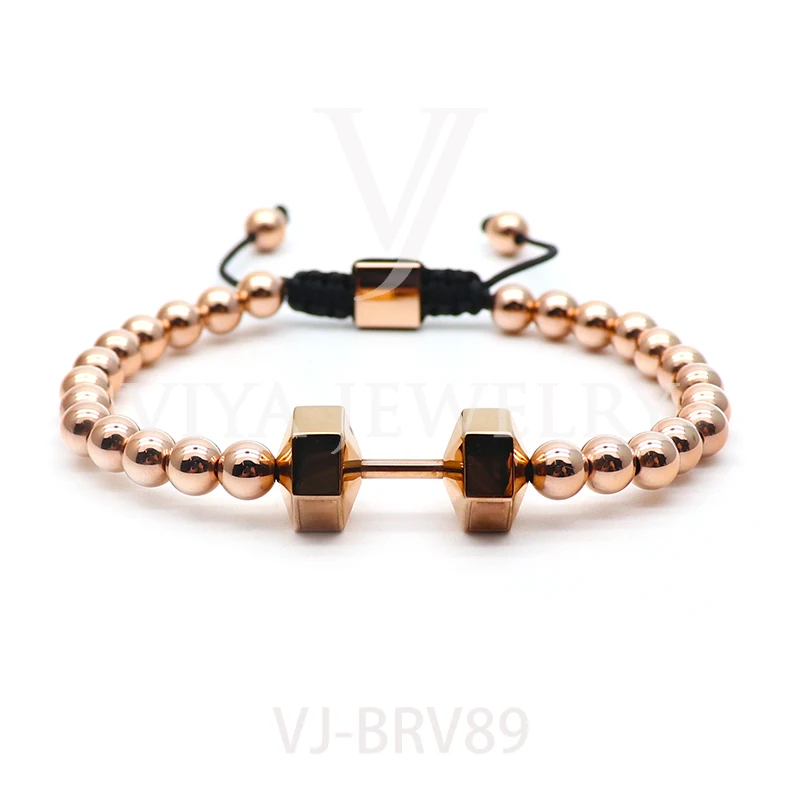 

DHL Free Shipping Viya Jewelry Wholesale Men Style High Polish 8mm Stainless Steel Beads Macrame Dumbbell Bracelet