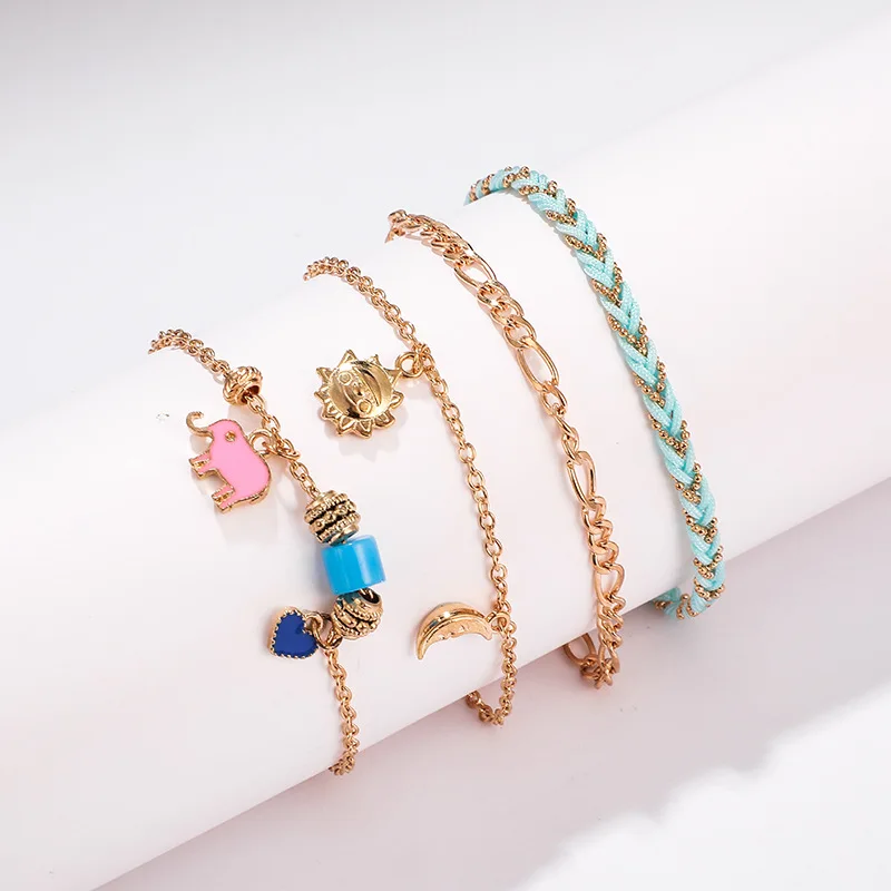 

European Popular Sun Star Moon Layered Anklets Cute Little Elephant Heart Anklets Wholesale, As picture show