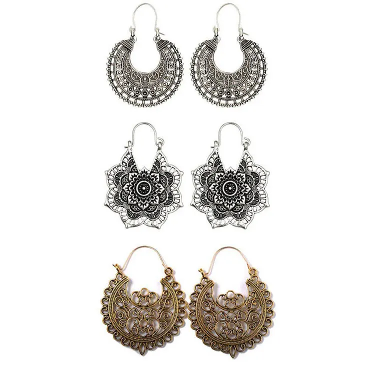 

SC Fashion Bridal Earrings Hollow Ethnic Totem Boho Handmade Earrings Jewelry Indian Antique Silver Carved Flower Hoop Earrings