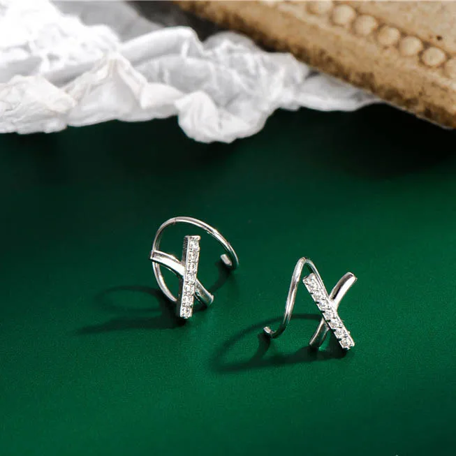 

925 Sterling Silver Geometric Tiny Crystal Letter X No Pierced Cuff Earrings S925 Crossed X Shape Ear Cuff Earrings, As pictures