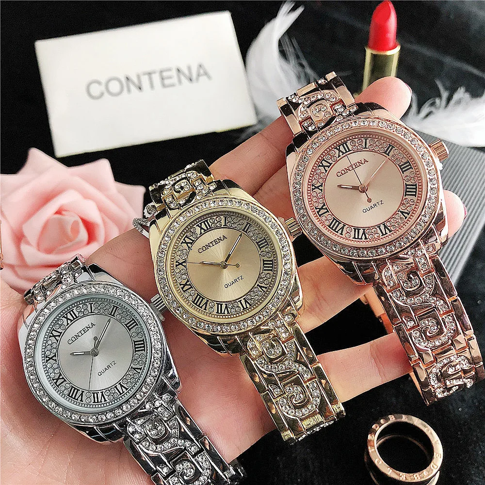 

2020 fashion lady women bling wrist stainless steel band vusiness diamond casual clock gold watch, As pic