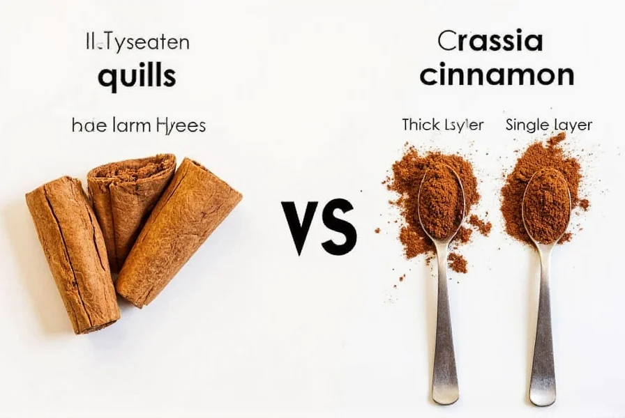 Side-by-side comparison of Ceylon cinnamon quills (thin, multiple layers) versus Cassia cinnamon (thick, single layer) with measuring spoons showing appropriate serving sizes