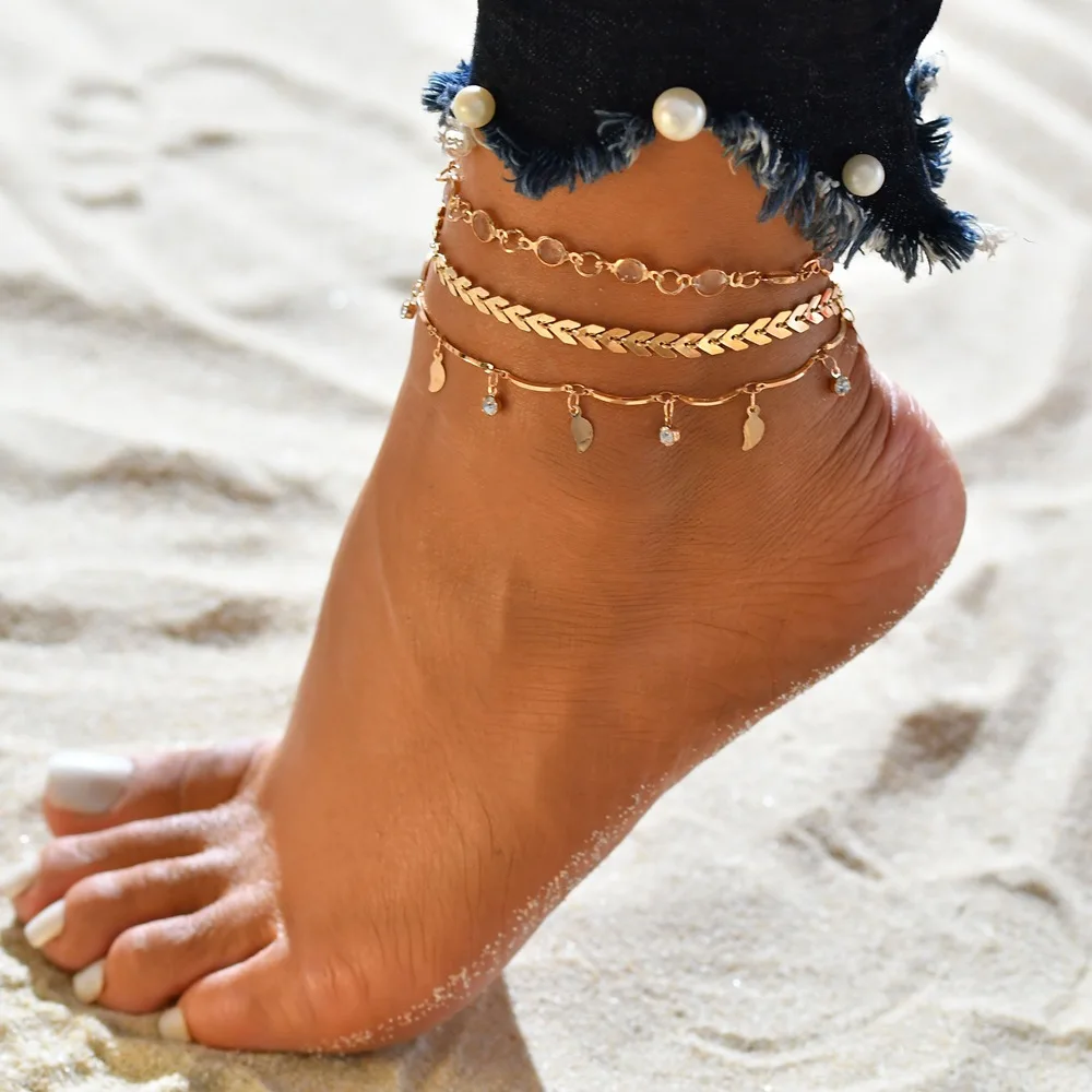 

Summer Beach Feet Leg Chain Multilayer Arrow Leaf Sequin Anklet 3pcs Set