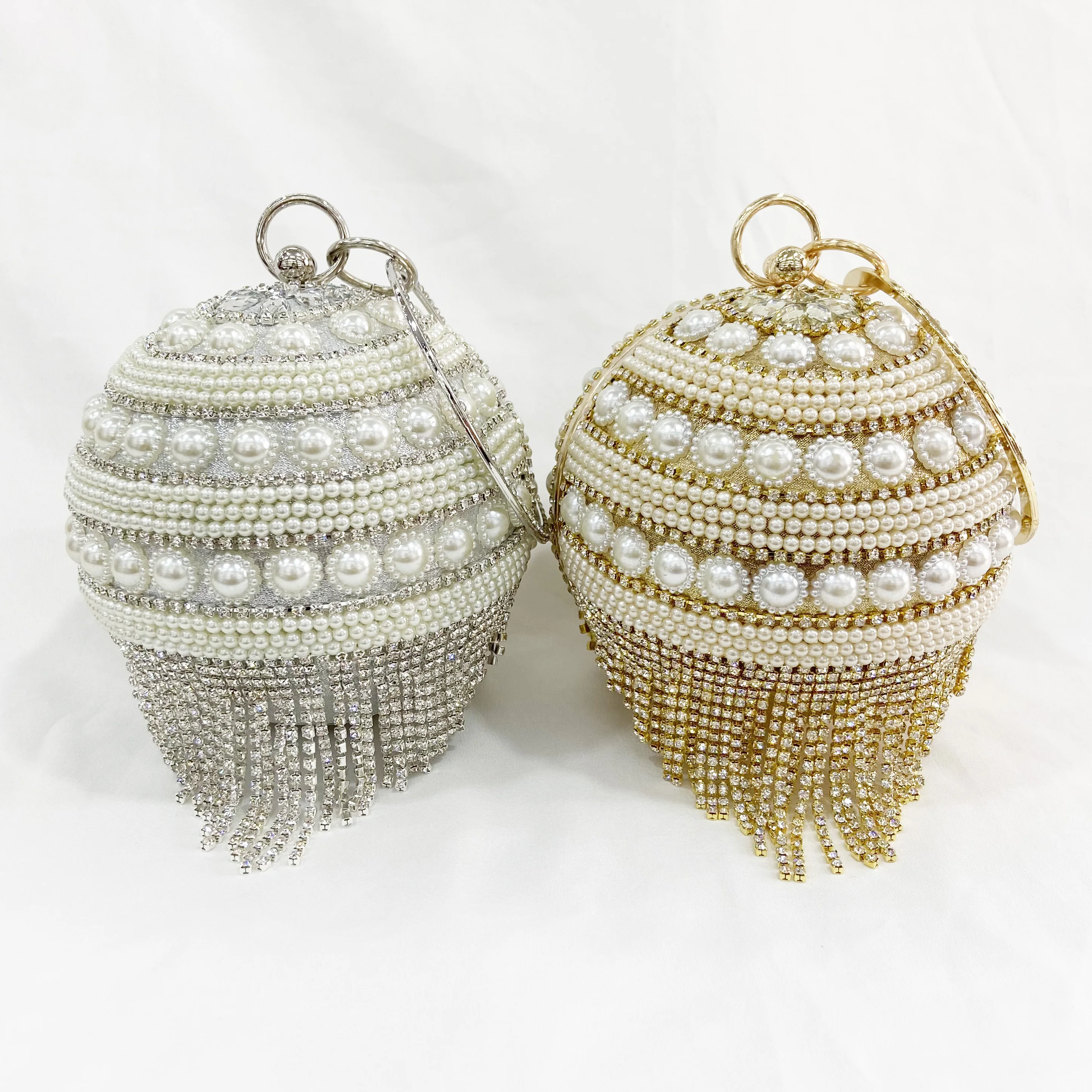 

Luxury Ladies rhinestone purse diamond wedding handbag crystal tassels ball shaped evening bag, Golden/silver