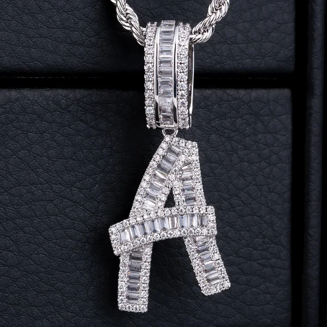 

KRKC Custom Hot Fashion Clear Crystal White Iced Out aaaaa 26 a-z letter Name Alphabet Pendant Choker Rope Chain Necklace