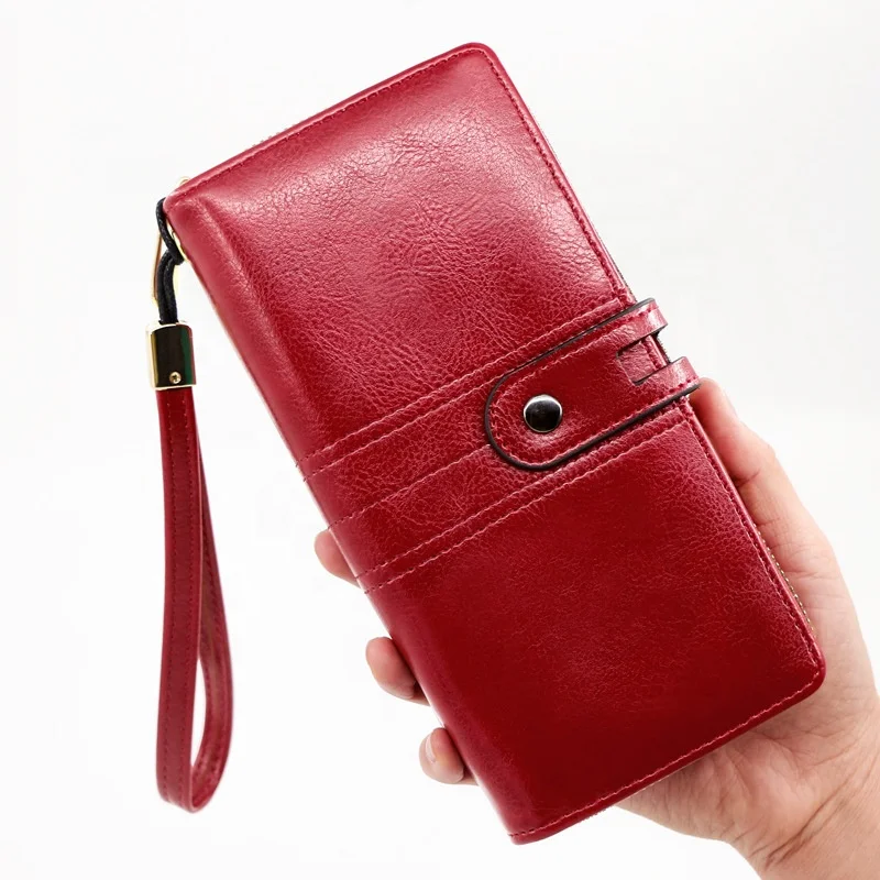 

New Arrival Retro Zipper Pu Leather Long Wallet Buckle Multifunction Solid Color Coin Purse Strap Clutch For Women, 5 colors