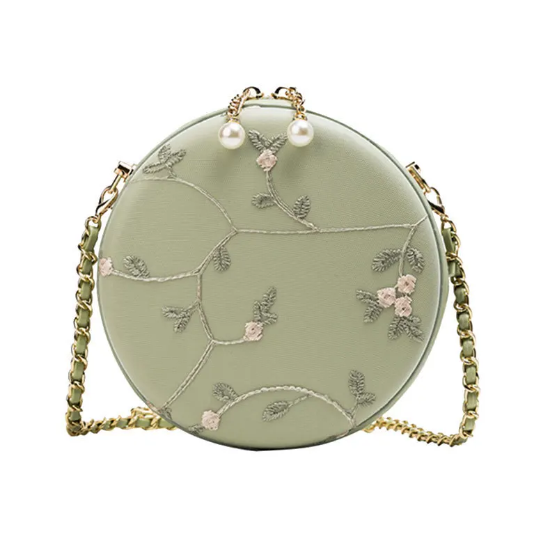 

Flowers embroider shoulder bag circle crossbody bag girls pearl button mobile phone shoulder bags, Accept customized color