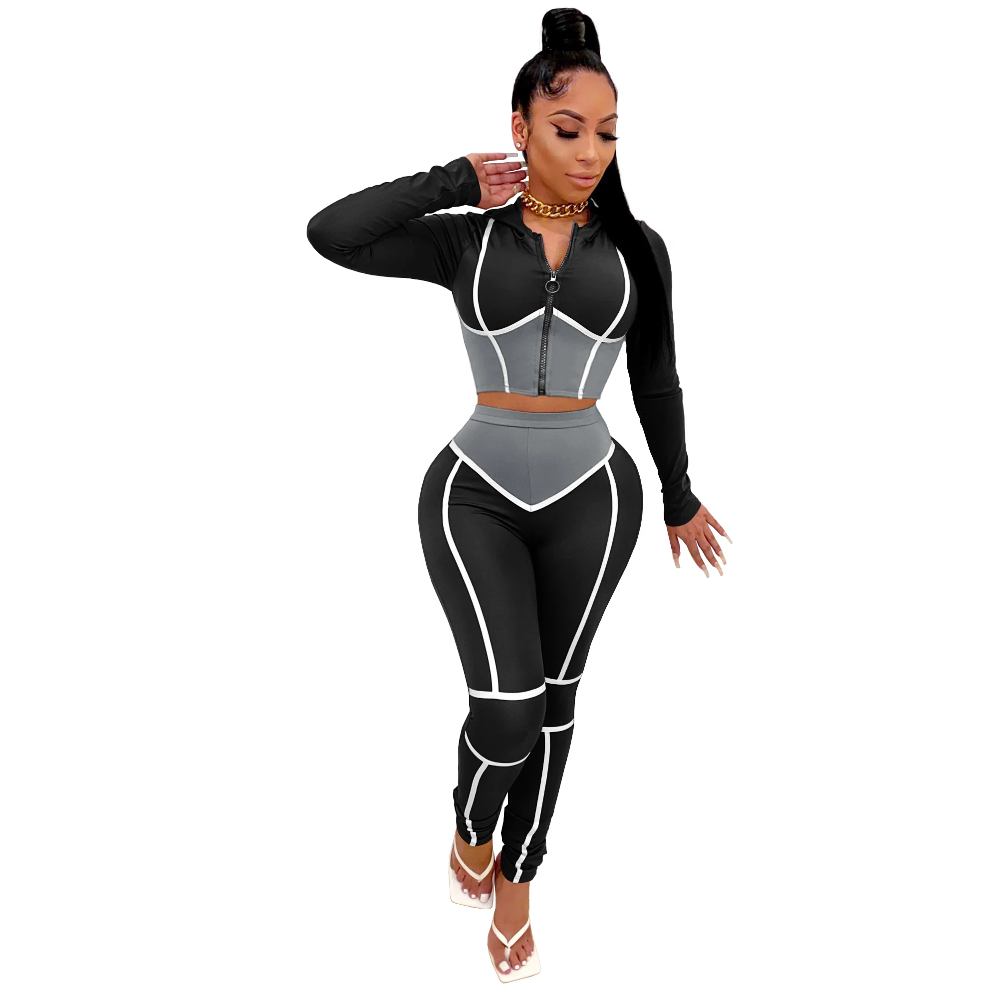 

2021 women sport two piece set yoga apparel sets hooded fitness yoga set long