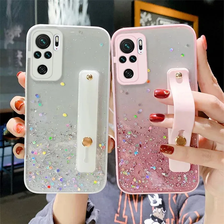 

Camera Protective Wrist Strap Glitter Transparent Back Cover Phone Case For Xiaomi Redmi Note 10 9 Pro POCO X3 NFC Mi 10 Note 8