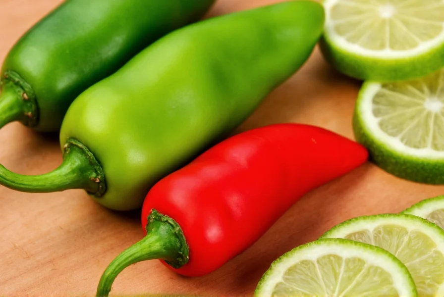 Close-up view of fresh green and red limo chili peppers on wooden cutting board with lime slices