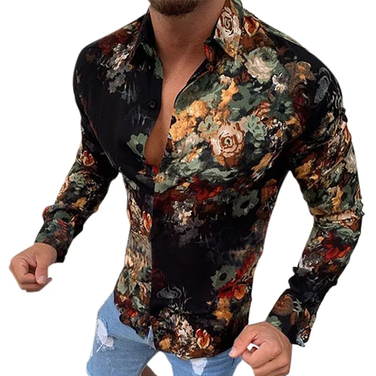 

Spring 2021 wholesale fashion men shirts slim Long sleeved blusas y camisas de primavera para hombre floral shirt men