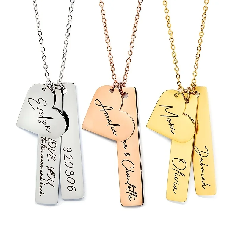 Stainless Steel Engraved Heart and Rectangle Vertical Pendant Blank  Bar Necklace
