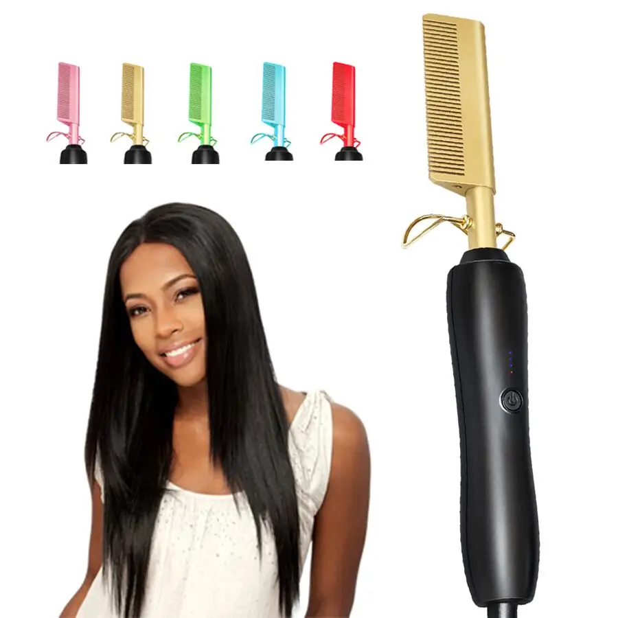 

Portable Electric Hair Straightener Brush Custom Logo Professional Titanium Mini Hot Comb Hair Straightener, Black+gold