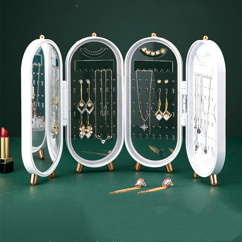 

Folding Screen jewelry box with mirror for earrings, studs storage and display plastic collapsible packing case, Malachite green, pearl white