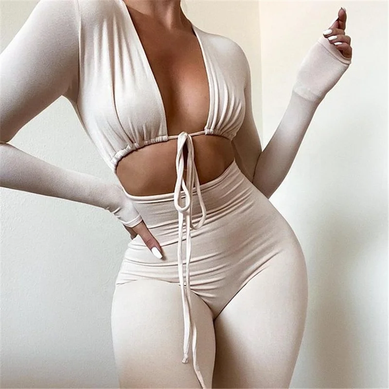 

Long Sleeve Jumpsuit Hollow Tie U Down Jumpsuits For Women 2021 Fall Sexy Womens Playsuit Rompers And Jumpsuit Rompers, Customized color