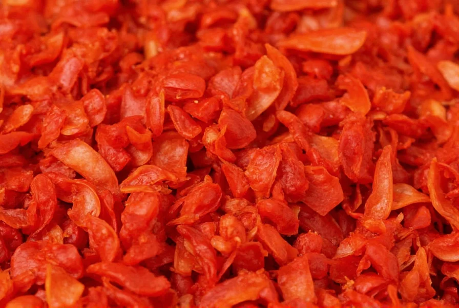 Close-up view of cayenne red pepper flakes showing vibrant color and texture
