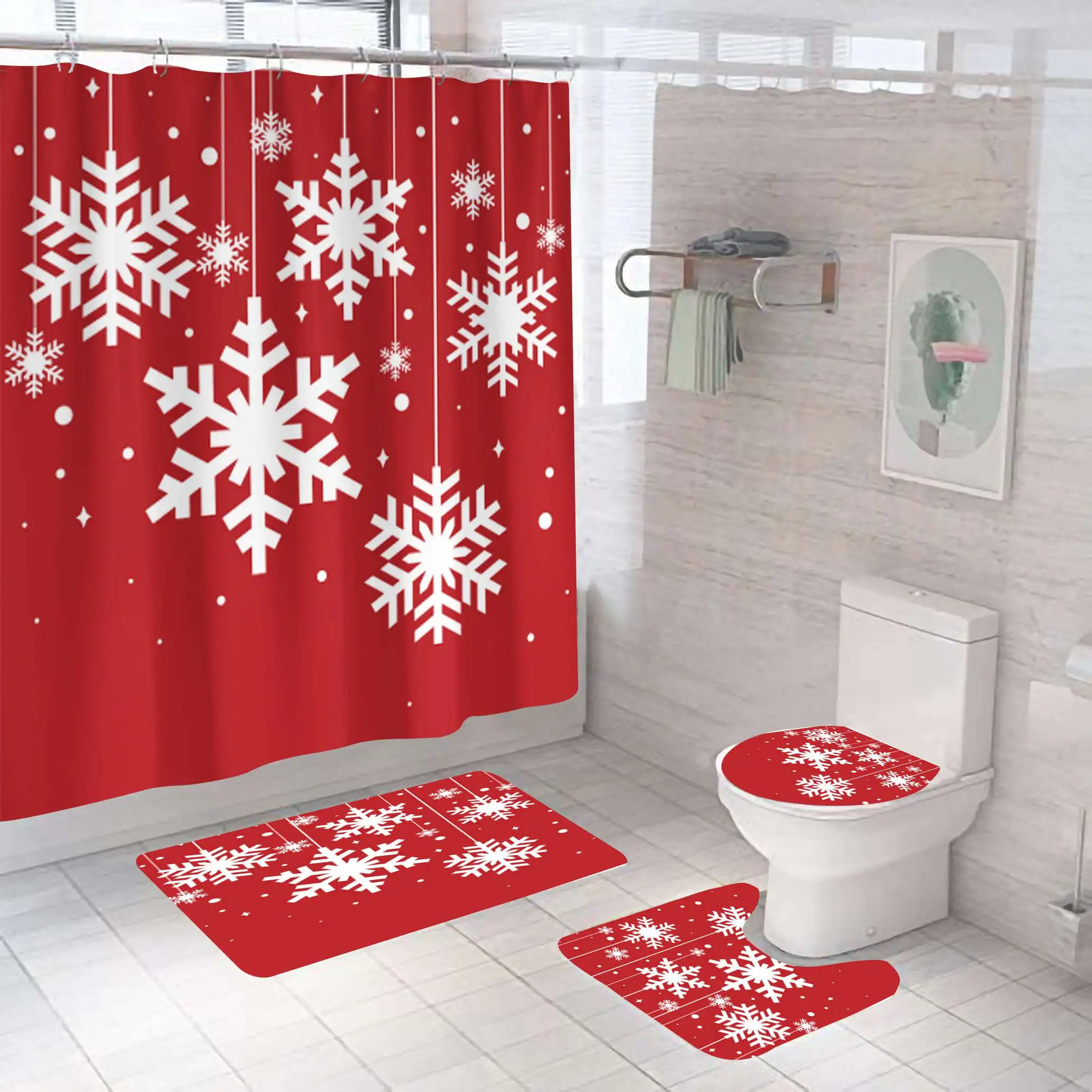 

Christmas style logo design shower curtains printed custom bathroom rug and shower curtain