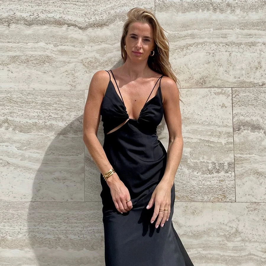 

Kliou K21D01774 Hollow Out Sleeveless Black Maxi Dress Women Casual Dresses 2021