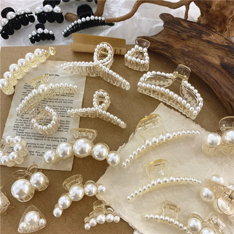 

JUHU 2021 imitated pearl large hair grab hairpin simple and versatile style hair claw pearls geometric bridal hair accessories