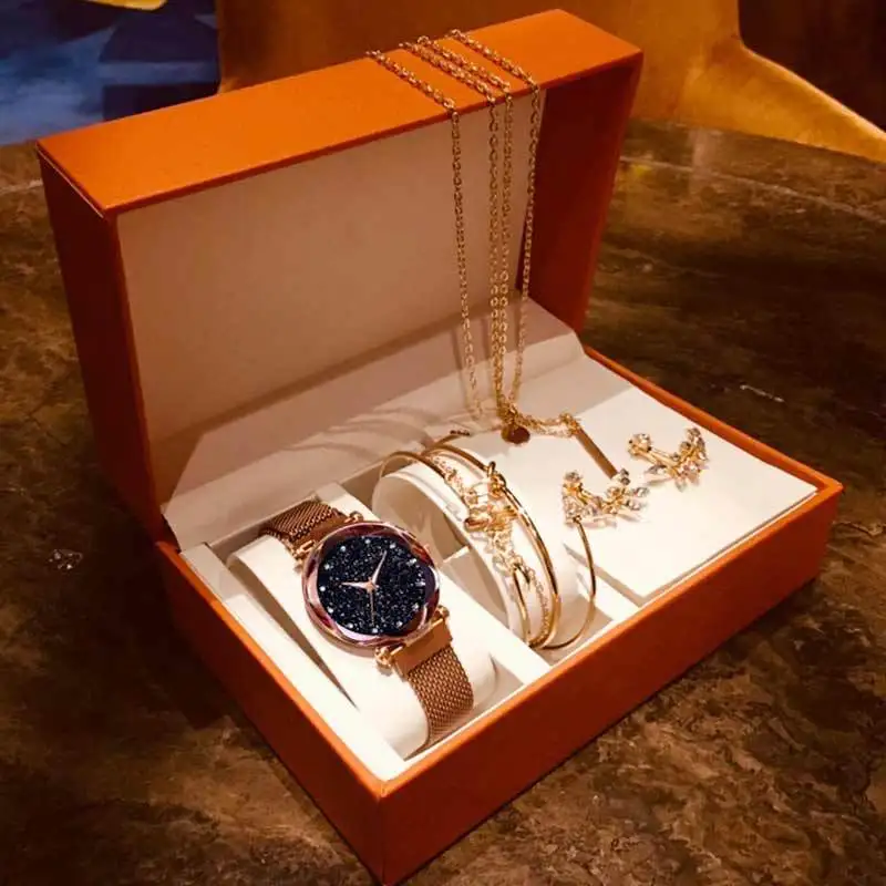 

Fashion lady creayive gift 8pcs set diamond leaves gold magnet Starry sky bracelet earrings necklaces watch women, As pic