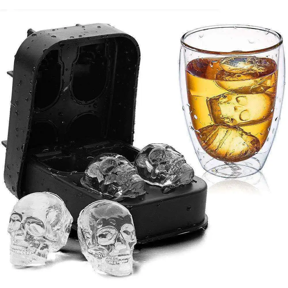 

4 Cavities Flexible Fancy Skeleton Mould Whiskey Skull Ice Ball Trays Maker Silicone Ice Cube Mold