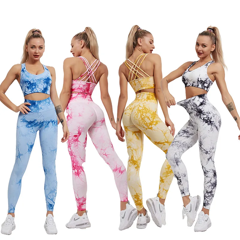 

Custom Logo Tracksuit Workout Crop Top Yoga Pants Sports Bra Fitness Shorts Seamless Leggings 2 Pieces Tie Dye Gym Set for Women