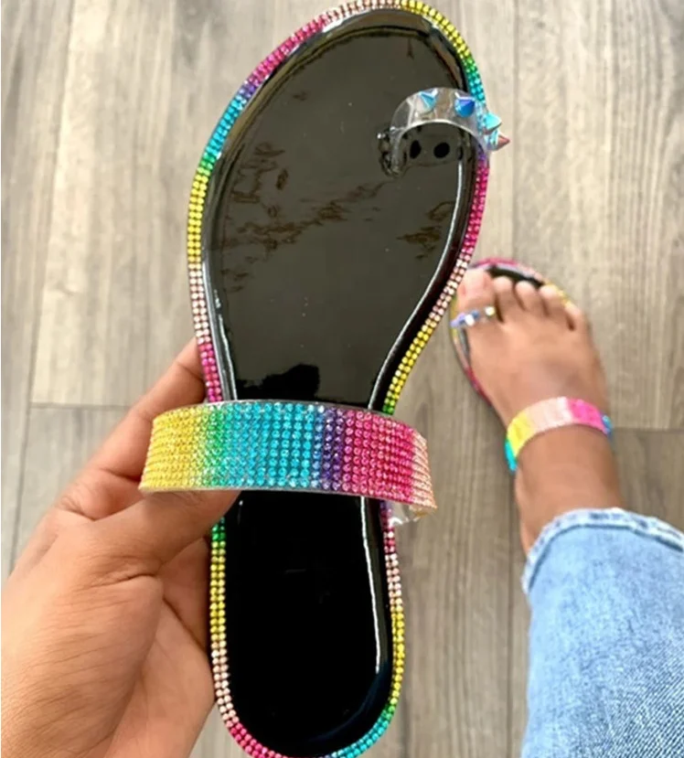 

Hot sale ladies summer European and American new fashion sexy multicolor rhinestone sandals and slippers, As the picture show