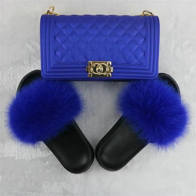 

Fox-like Mao Mao summer ladies faux fur slippers with slung jelly bag set, Customized color