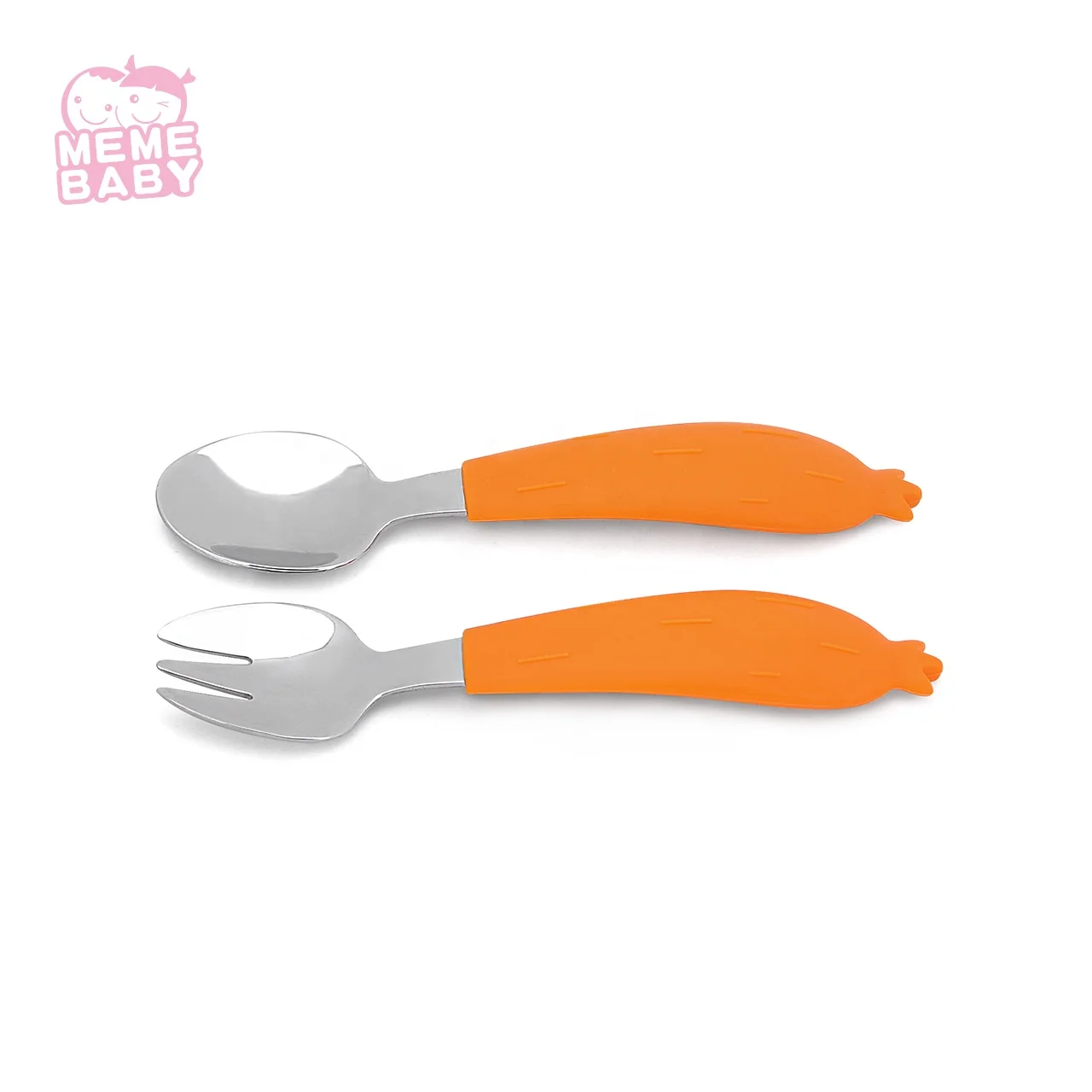 

Eco Friendly Customized Cute Carrot Shape Baby Kid Silicone Stainless Steel Spoon And Fork Set, Yellow, orange, customized