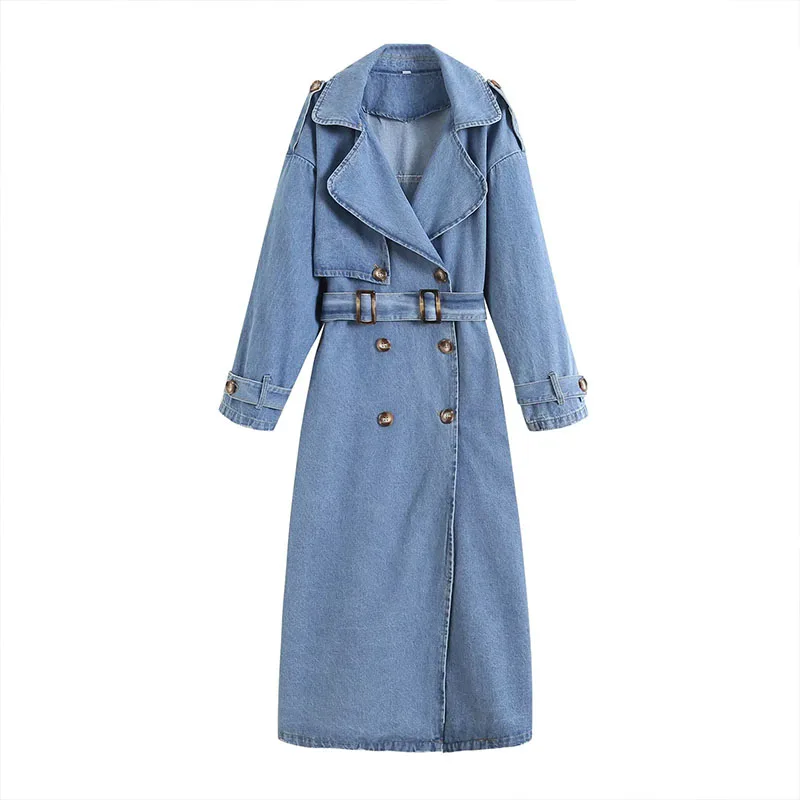 ZATRHMBM Women's 2023 New Fashion Casual Denim Long Jacket Retro Belt Style Long Women's Jacket