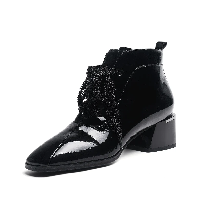 

J287 patent women leather boots ladies cool boots square heel ankle boots women, Black or customized