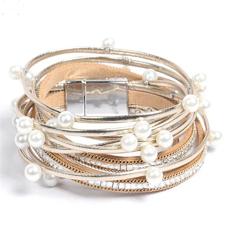 

New trend multilayer pearl pu leather bracelet female diamond magnet buckle bracelet, As the picturs