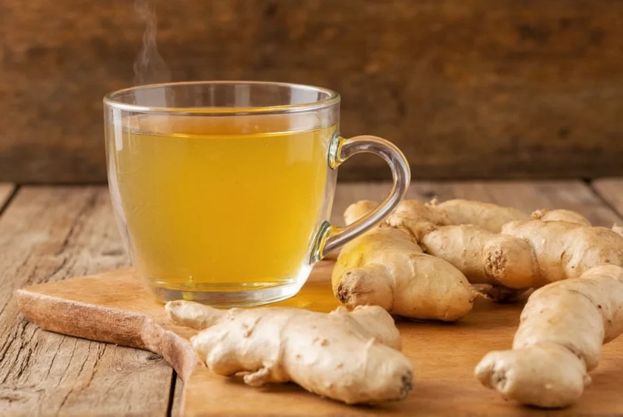 Various ginger tea preparations with lemon slices and honey on wooden table, natural lighting