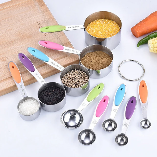 

Color Silicone handle stainless steel measuring cup spoon set 10 pieces baking spoon set, All colors welcome consultation