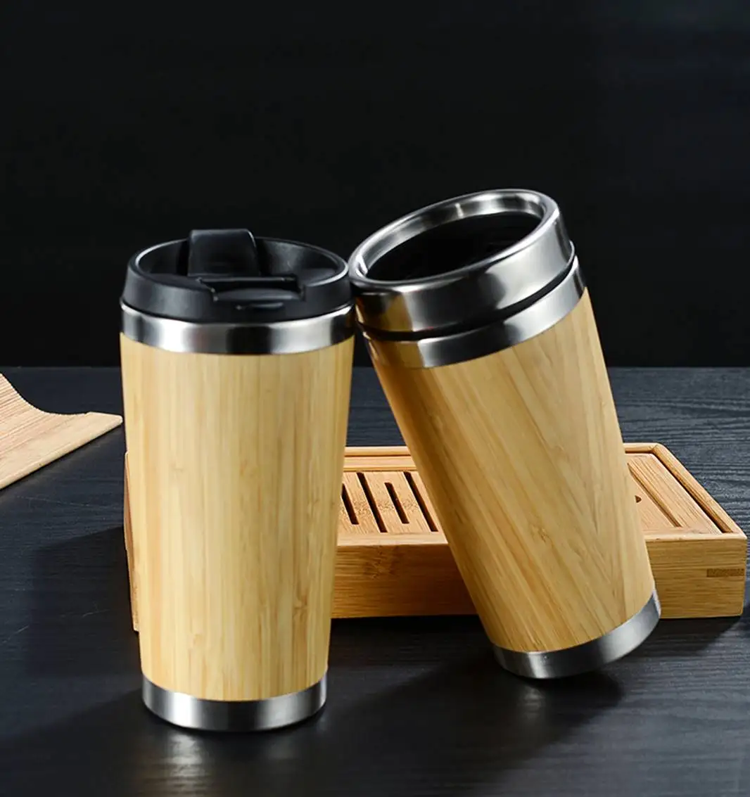 

450ml/15oz Double wall bamboo Thermoses with pp lid BPA FREE Vacuum Insulated Stainless Steel tumbler water thermos coffee mug
