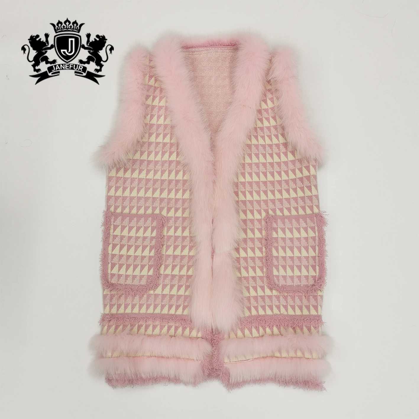 

Janefur Checked Pink Wool Cashmere Waistcoat New Design Spring Sleeveless Plaid Girl Fox Fur Strip Coat Women Vest, Pink, customized color