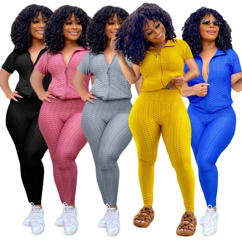 

Solid color cardigan bubble short sleeve yoga jogging suit pants set 2 piece set women, 5 colors