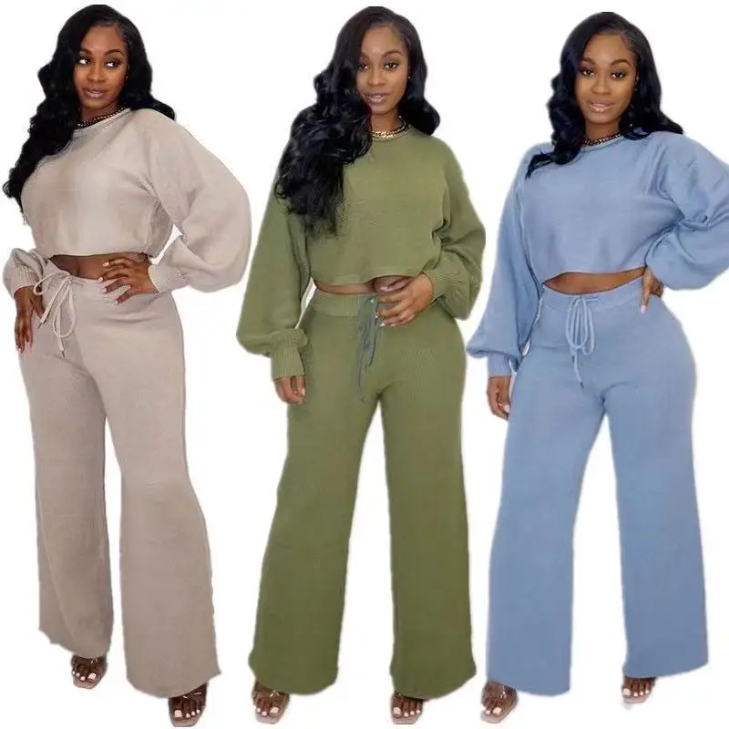 

2021 hot sale fashion solid color puff sleeve ladies blouse and wide leg pants set two piece women clothing, 3 colors as picture