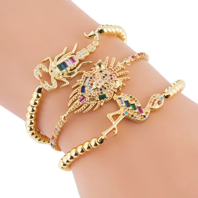 

Creative Adjustable Gold Plaitngh Copper Bead Lion Ostrich Bracelet Rainbow Cubic Zircon Scorpion Bracelet