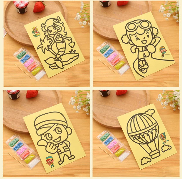 10pcs Kids DIY Color Sand Painting Art Creative Drawing Toys Sand Paper Craft OA