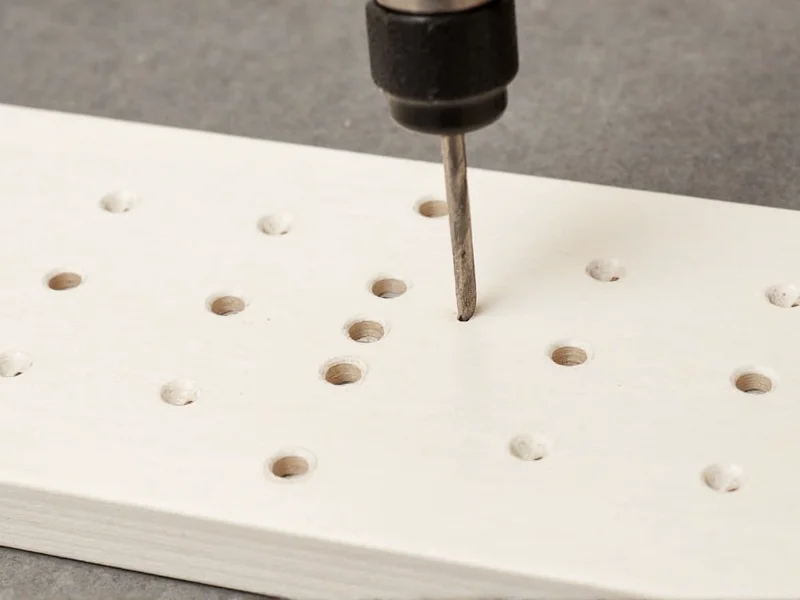 Close-up of pegboard holes with drill bit showing proper spacing