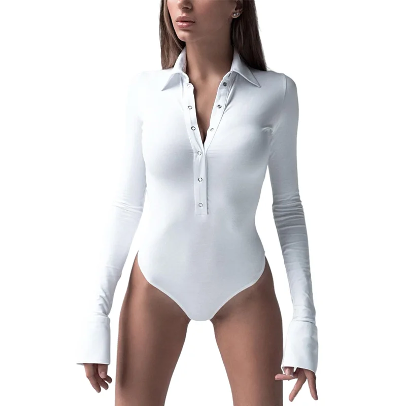 

New Style Women Bodysuits Sexy Turn-down Collar Solid Color Lingerie Bodysuits Long Sleeve Baby Bodysuit