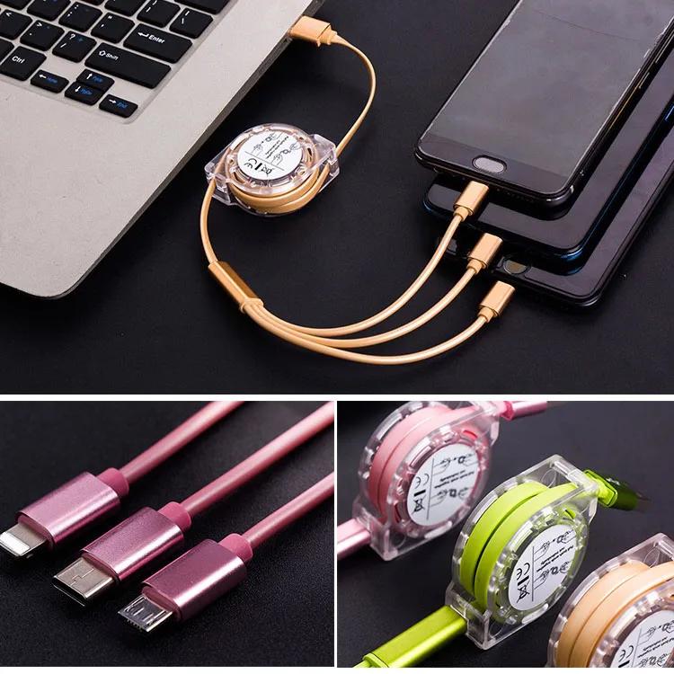 
Custom Logo Universal Retractable 3 in 1 Multi Multiple 3in1 USB Charging Charger Cable 
