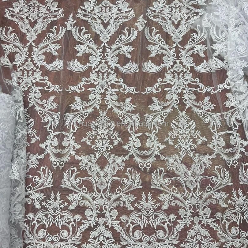 

HY2666 popular pure white embroidery bridal beaded fabric sequins laces