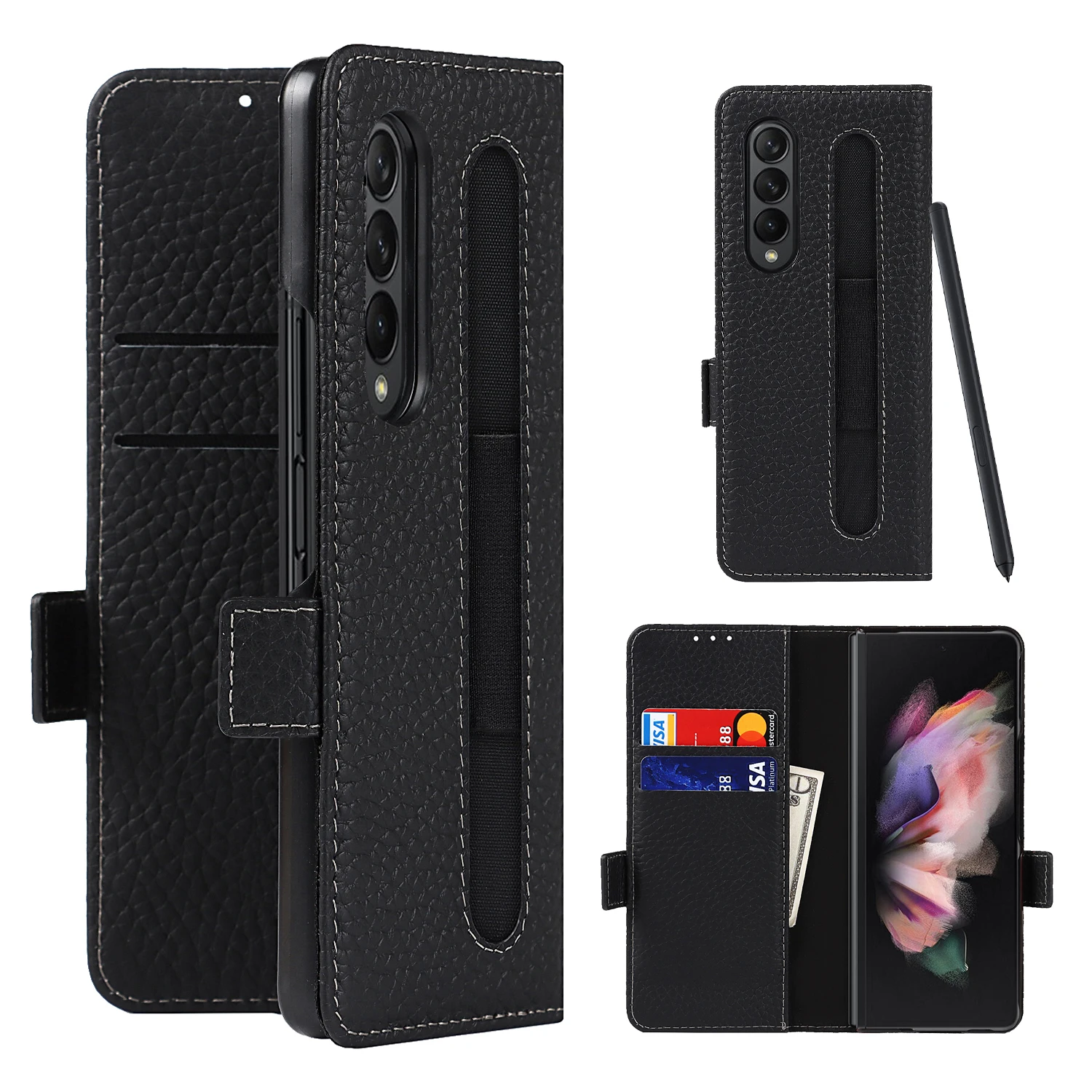 

New Pen Slot Case For Samsung Galaxy Z Fold 3 Card Slot Fold 3 W22 Cover PC Genuine Leather Back Case For Z Fold 3 5G With Glass